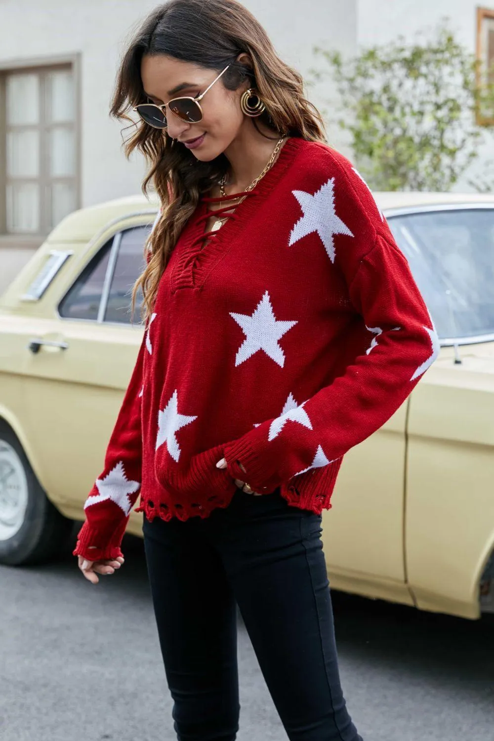 Shine All Day Lace-Up Star Pattern Sweater