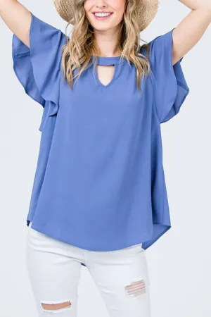 Short-Sleeve Crepe Top with Keyholes and Tiered Flowy Sleeves
