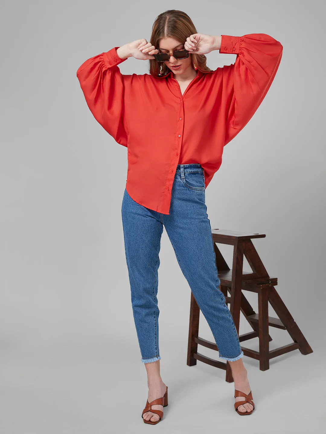 Style Quotient Women Solar Orange Solid Poly Crepe Oversized Casual  Shirt