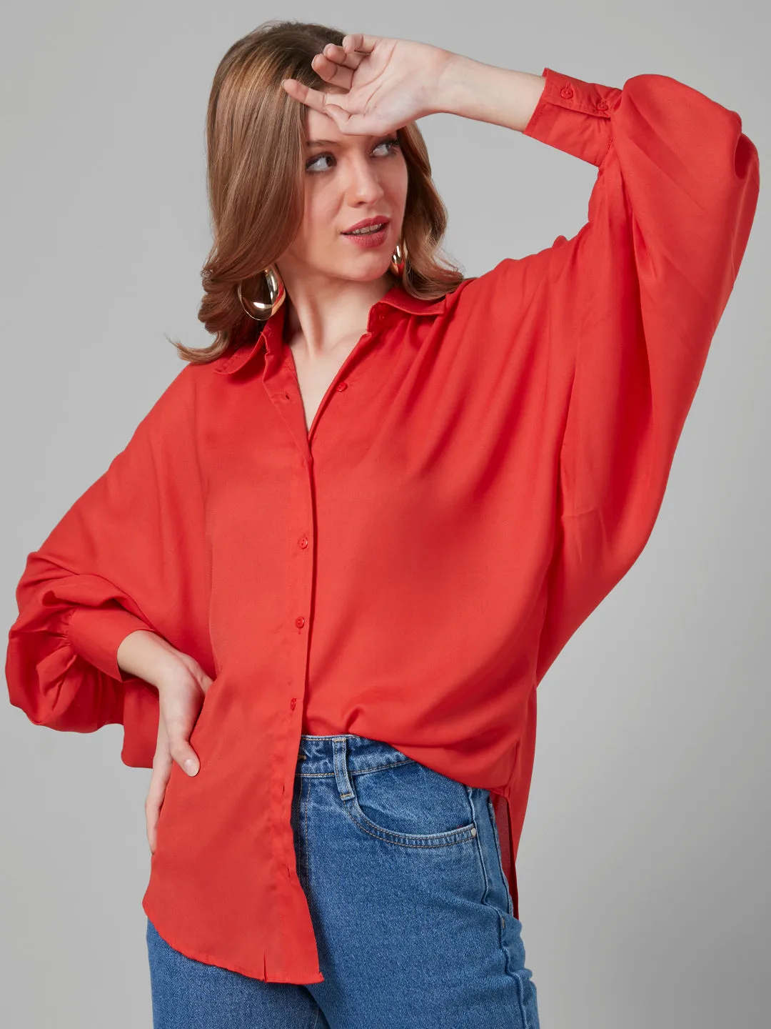 Style Quotient Women Solar Orange Solid Poly Crepe Oversized Casual  Shirt