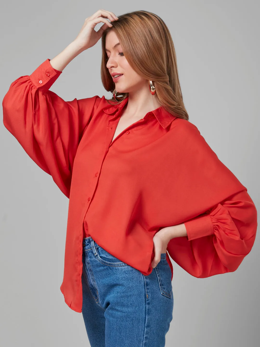 Style Quotient Women Solar Orange Solid Poly Crepe Oversized Casual  Shirt