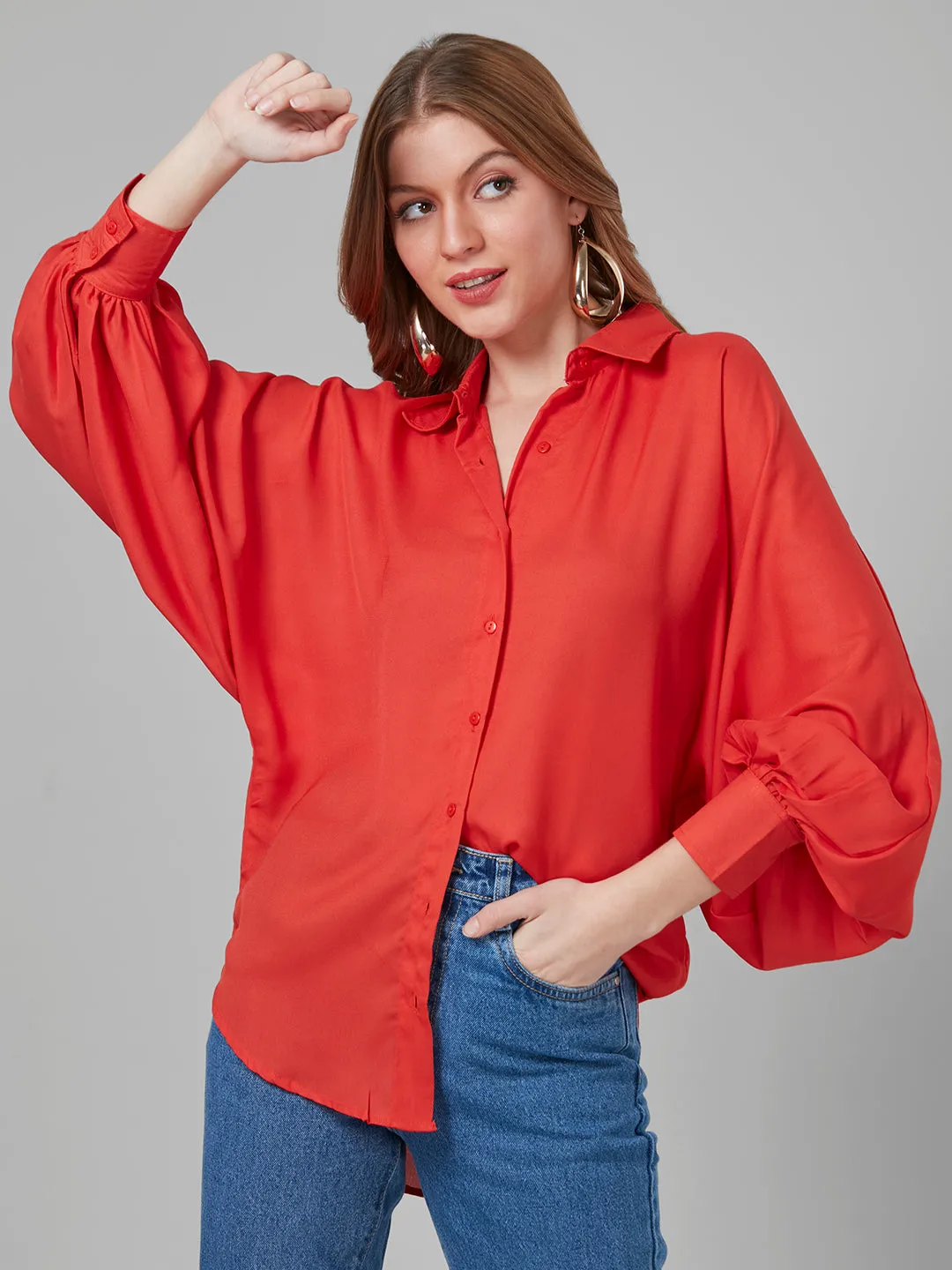 Style Quotient Women Solar Orange Solid Poly Crepe Oversized Casual  Shirt