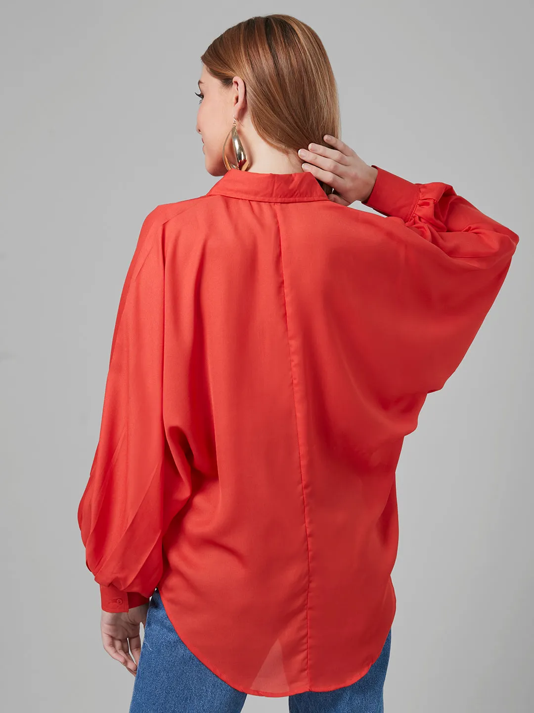 Style Quotient Women Solar Orange Solid Poly Crepe Oversized Casual  Shirt