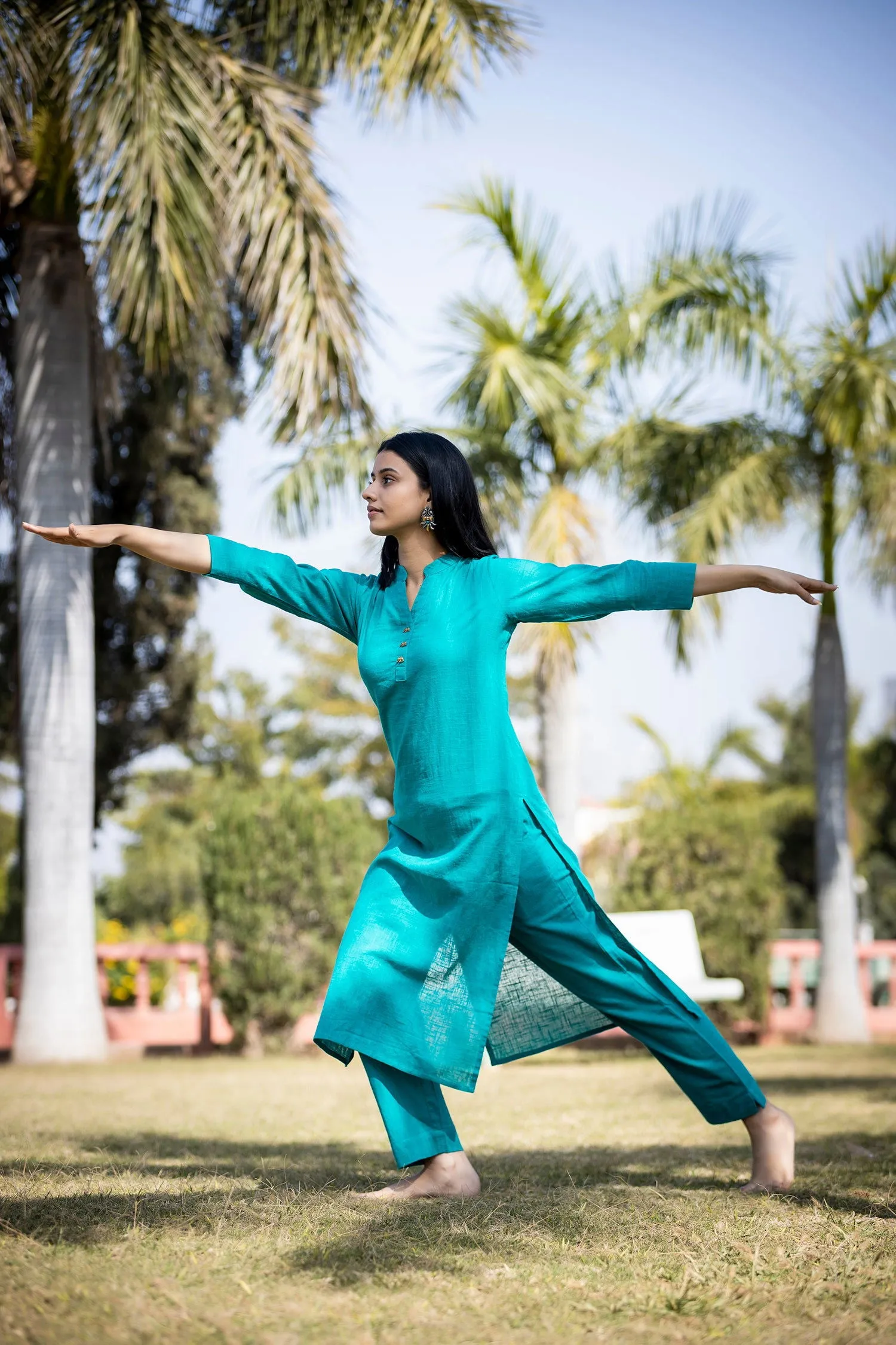 Teal Green Solid Cotton Casual Kurta (Set of 1)