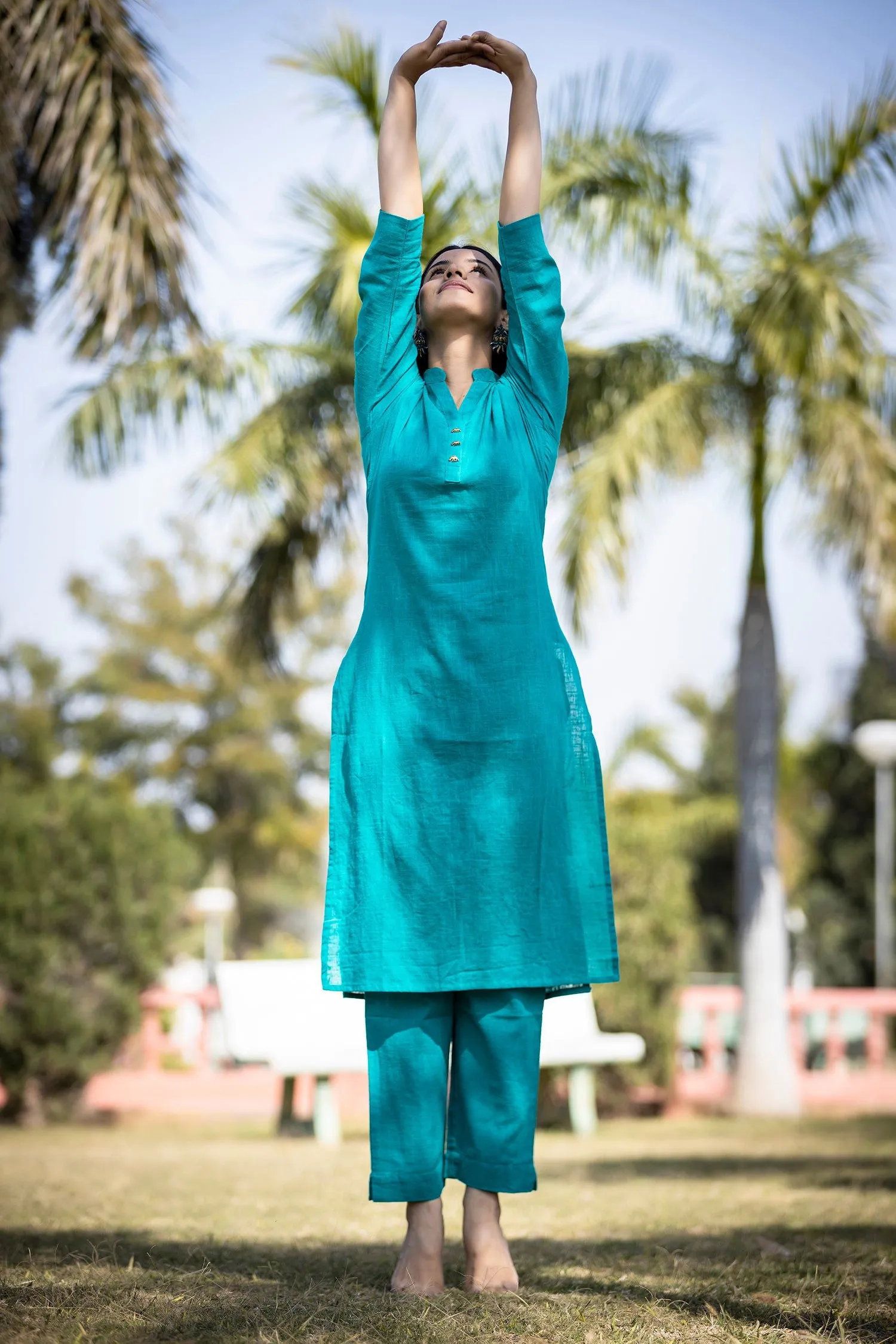 Teal Green Solid Cotton Casual Kurta (Set of 1)