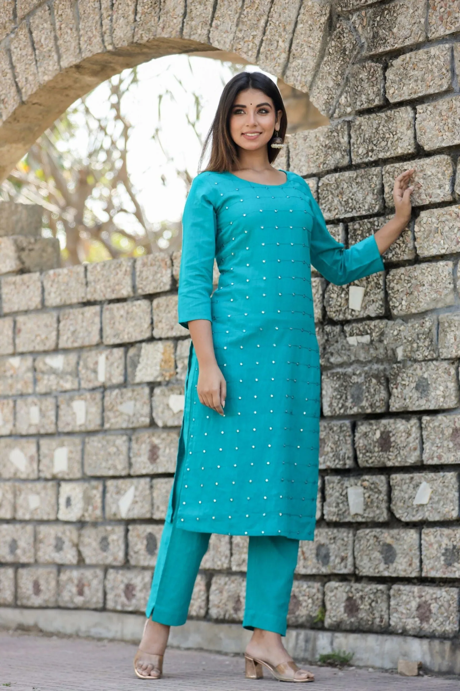 Teal Green Solid Mirror Embellished Kurta Pant Set (set of 2)