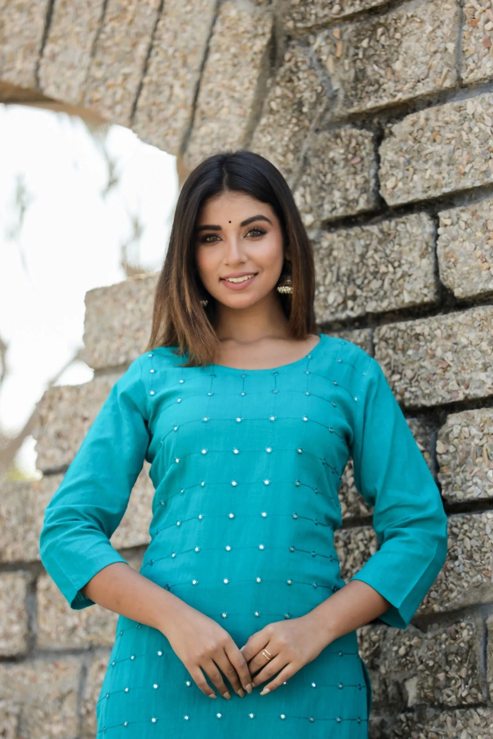 Teal Green Solid Mirror Embellished Kurta Pant Set (set of 2)