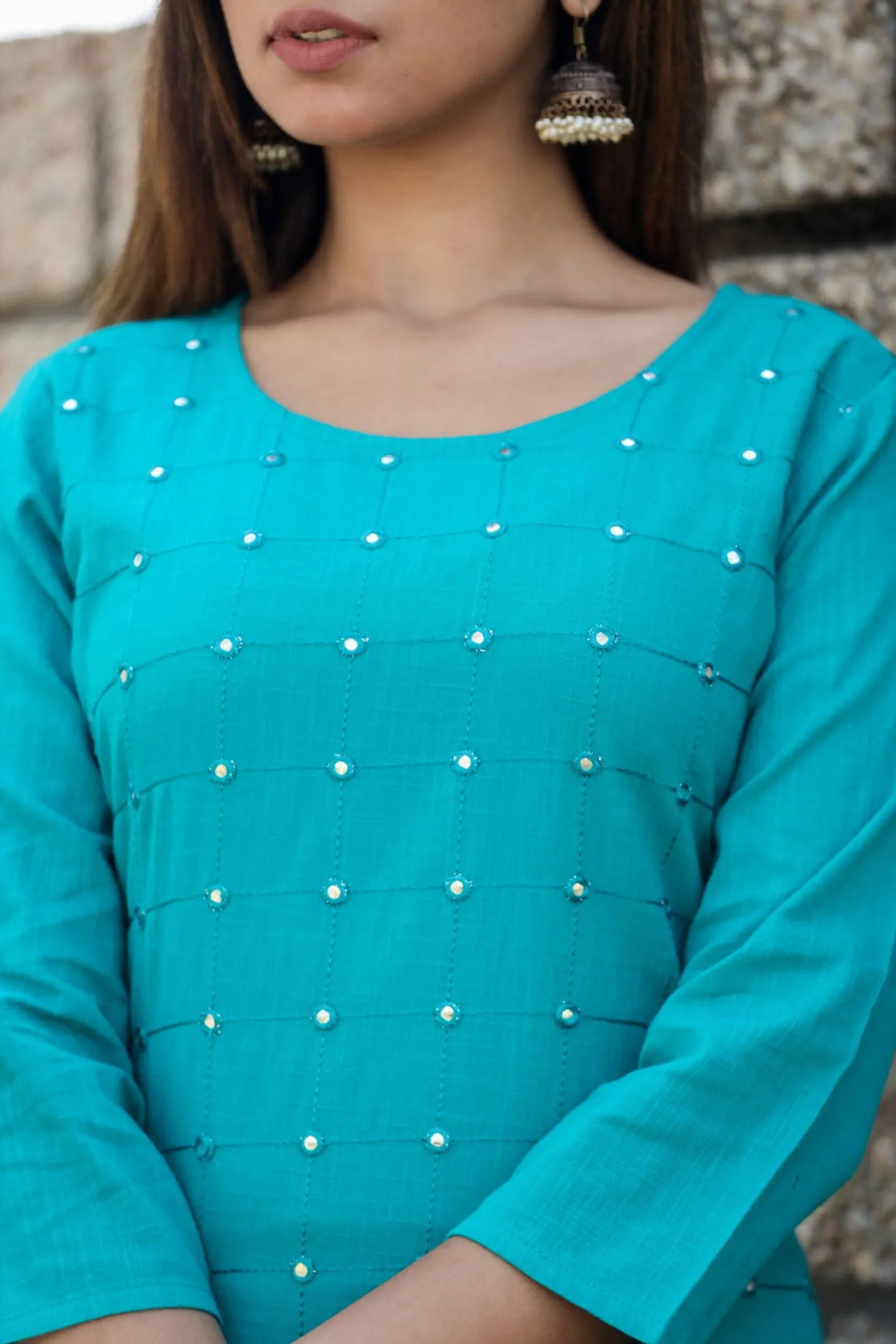 Teal Green Solid Mirror Embellished Kurta Pant Set (set of 2)