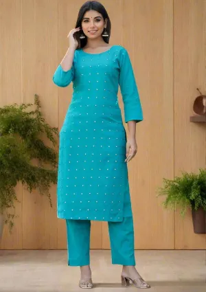 Teal Green Solid Mirror Embellished Kurta Pant Set (set of 2)