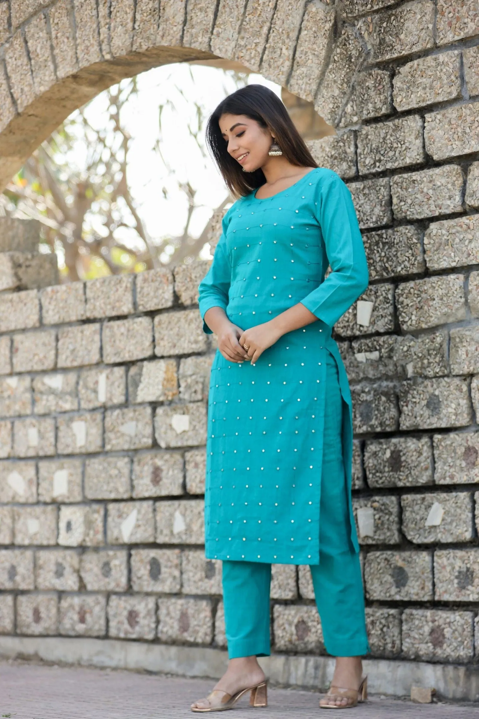 Teal Green Solid Mirror Embellished Kurta Pant Set (set of 2)