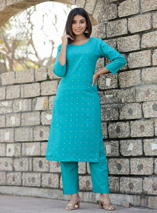 Teal Green Solid Mirror Embellished Kurta Pant Set (set of 2)